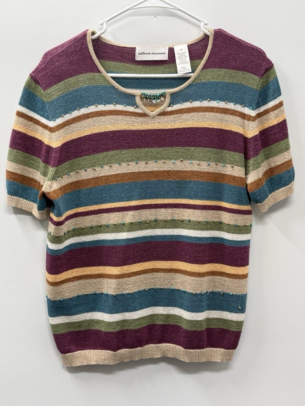 Alfred Dunner Vintage Striped Sweater Top Med Beaded Shoulder Pads Short Sleeve.